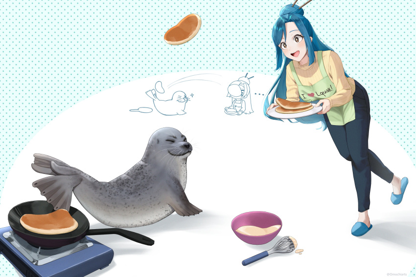 1girl, :d, absurdres, apron, black_pants, blue_footwear, blue_hair, blush, brown_eyes, commentary, commission, english_commentary, food, frying_pan, green_apron, hair_bun, highres, holding, holding_plate, kamen_america_(comic), kamen_ramen, long_hair, long_sleeves, mixing_bowl, omochiarts, open_mouth, pancake, pancake_stack, pants, plate, seal_(animal), second-party_source, single_hair_bun, slippers, smile, sweater, tongue, whisk, yellow_sweater