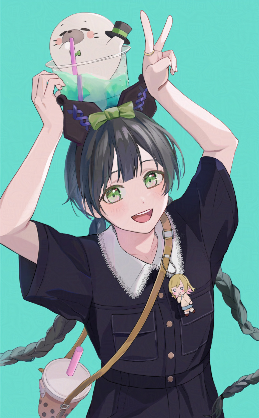 1girl, absurdres, aiceclass, aqua_background, black_hair, book_the_star, bow, cup
