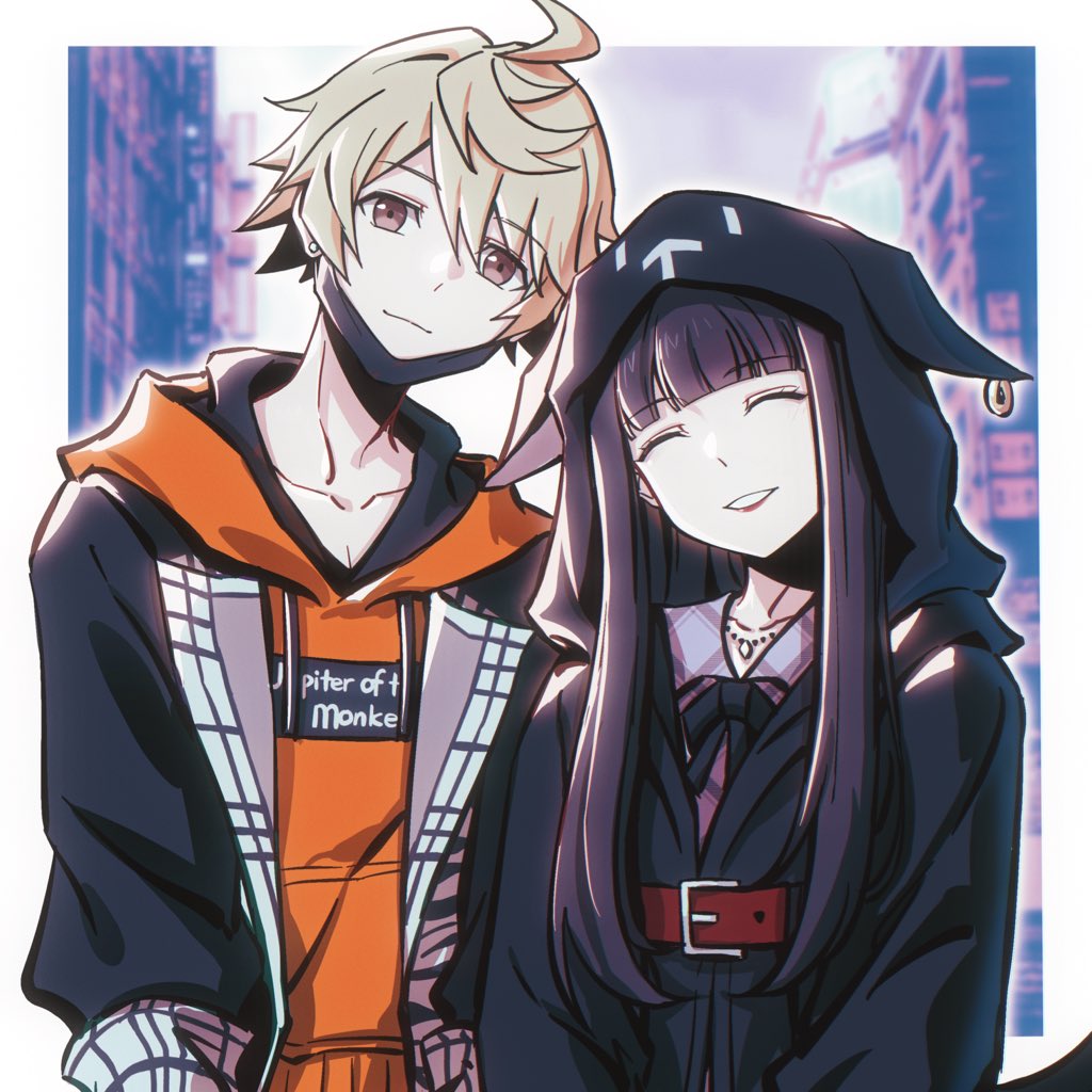 1boy, 1girl, animal_hood, belt, belt_buckle, black_hair, black_hoodie, black_jacket, blonde_hair, brown_eyes, buckle, cat_hood, closed_eyes, closed_mouth, commentary_request, grin, hood, hood_up, hoodie, ikooto111, jacket, kanade_rindou, long_hair, looking_at_viewer, nyantan, open_clothes, open_jacket, orange_hoodie, red_belt, sakurane_shouka, shin_subarashiki_kono_sekai, short_hair, smile, straight_hair, subarashiki_kono_sekai