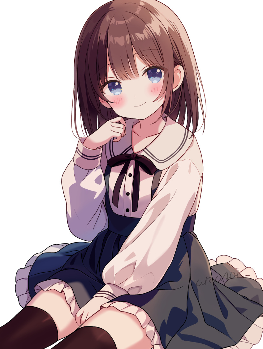 1girl, absurdres, arm_between_legs, arm_up, artist_name, black_ribbon, black_skirt, black_thighhighs