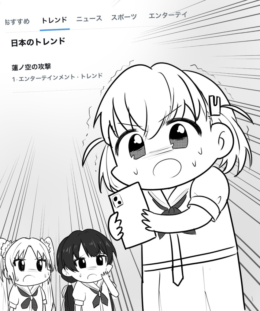 3girls, :o, choborau_nyopomi_(style), commentary_request, crossed_bangs, daikuro_(adddaik), dress, emphasis_lines