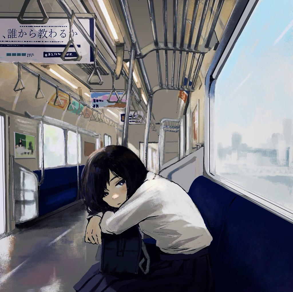 1girl, bag, black_hair, blue_bag, blue_eyes, blue_skirt, long_sleeves, looking_to_the_side