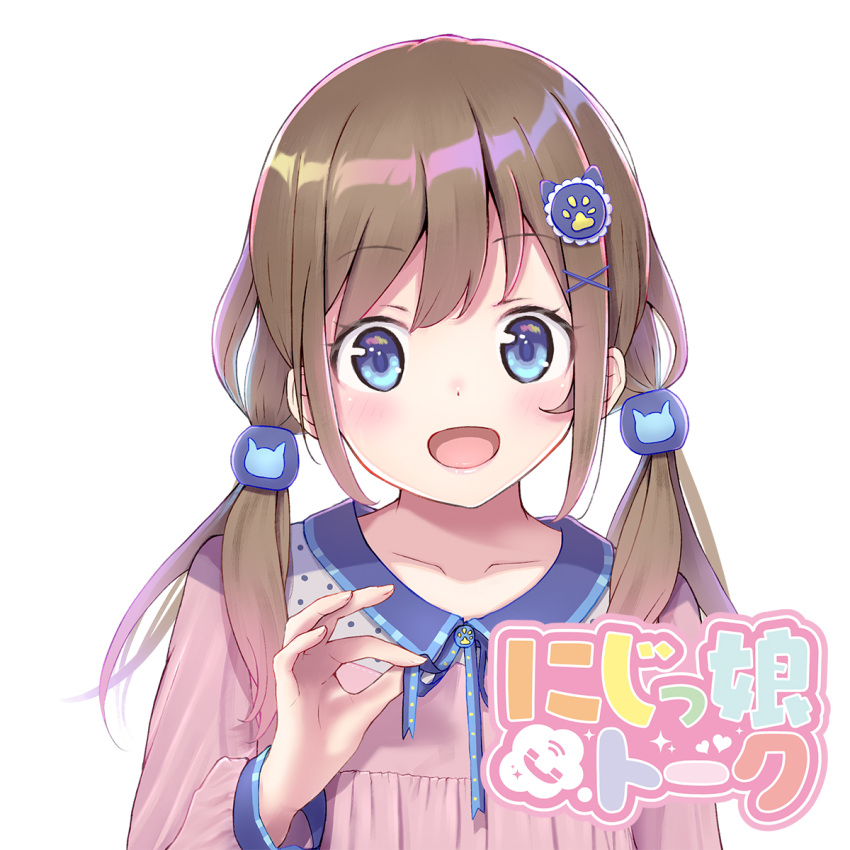 1girl, :d, blue_eyes, blush, brown_hair, cat_hair_ornament, collarbone, collared_shirt, commentary_request, copyright_name, hair_ornament, hairclip, highres, long_hair, looking_at_viewer, low_twintails, nijikkyo_talk, official_art, open_mouth, partial_commentary, pink_shirt, ribbon_hold, shirt, sidelocks, simple_background, smile, solo, swept_bangs, twintails, upper_body, white_background, x_hair_ornament, yuna_rebun
