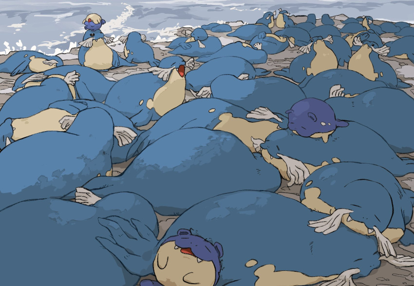 animal_ears, aomon_(yuuji7604), beach, blue_fur, closed_eyes, crowd, fangs, highres