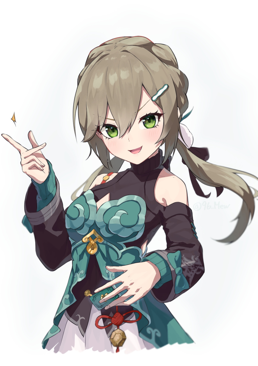 1girl, aqua_dress, bare_shoulders, black_ribbon, black_sweater, blue_bow, blush, bow, breasts, brown_hair, chinese_knot, dress, fingernails, green_eyes, hair_between_eyes, hair_ornament, hair_ribbon, hairpin, hands_up, highres, holding, holding_mahjong_tile, honkai:_star_rail, honkai_(series), kuronyan9630, long_hair, looking_at_viewer, low_twintails, mahjong, mahjong_tile, medium_breasts, off-shoulder_sweater, off_shoulder, open_mouth, pom_pom_(clothes), pom_pom_hair_ornament, qingque_(honkai:_star_rail), red_ribbon, ribbon, simple_background, skirt, smile, solo, standing, sweater, tongue, twintails, v-shaped_eyebrows, white_background, white_skirt