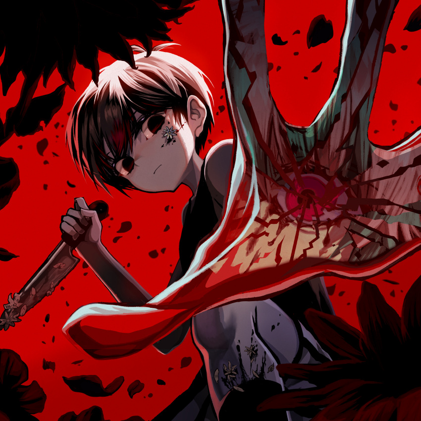 1boy, absurdres, antenna_hair, bare_arms, bare_shoulders, black_eyes, black_hair, black_shorts