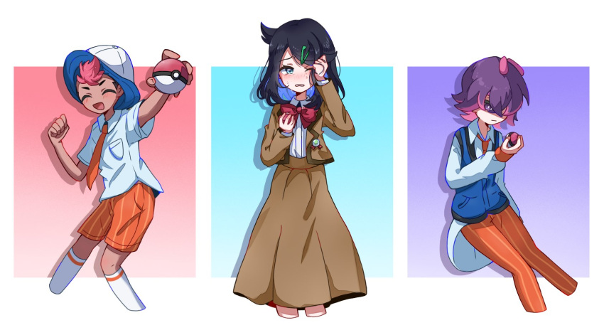 1boy, 2girls, black_hair, blue_hair, blush, bow, bowtie, brown_jacket