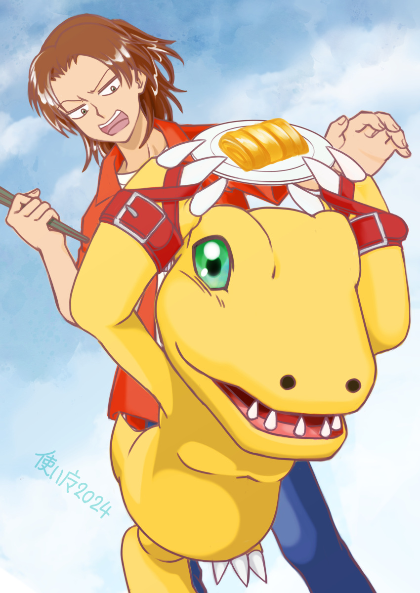 2boys, absurdres, agumon_(digimon_savers), annoyed, brown_eyes, brown_hair, chopsticks, commentary_request