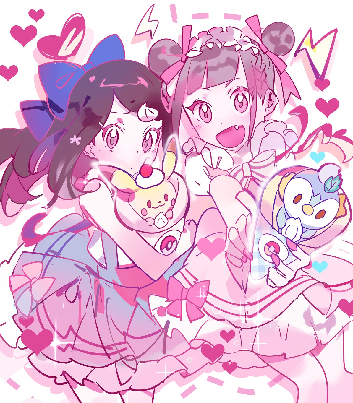 2girls, ann_(pokemon), black_hair, fang, frills, hair_ornament, hair_ribbon, hairclip