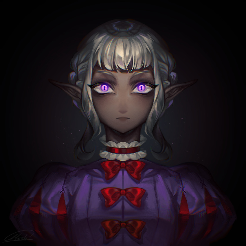 1boy, androgynous, bags_under_eyes, black_background, bow, braid, dark-skinned_male, dark_elf, dark_skin, dungeon_meshi, elf, highres, liuxuandaomonu, looking_at_viewer, male_focus, neck_ruff, pointy_ears, portrait, puff_and_slash_sleeves, puffy_sleeves, purple_tunic, red_bow, short_bangs, sidelocks, simple_background, solo, straight-on, symbol-shaped_pupils, thistle_(dungeon_meshi), violet_eyes, wavy_hair, white_hair