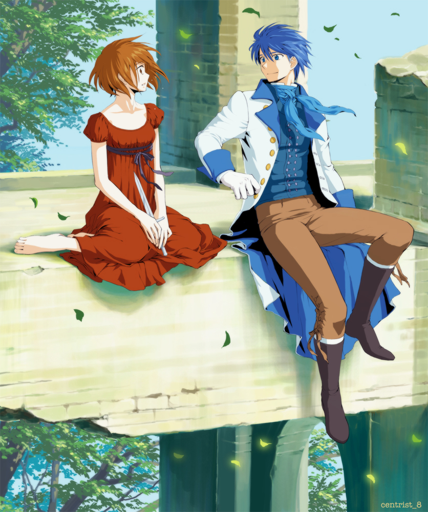 1girl, centrist_8, couple, dagger, dress, kaito, knife, meiko