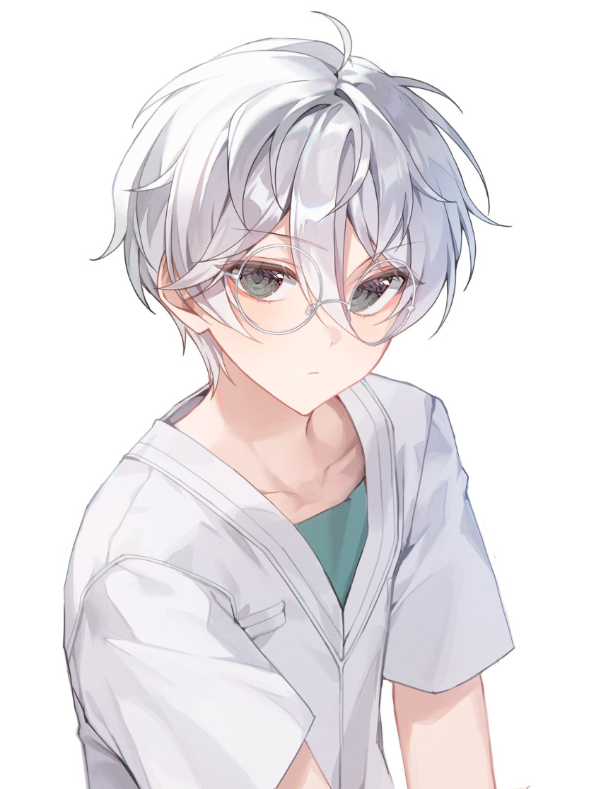 1boy, aqua_shirt, closed_mouth, double-parted_bangs, ensemble_stars!, expressionless, grey_eyes, grey_hair