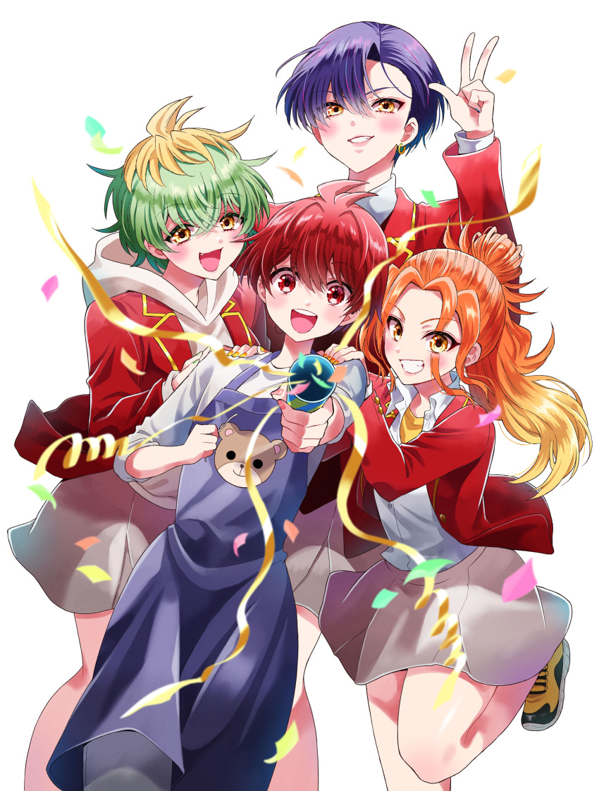 1boy, 3girls, absurdres, apron, ayase_yuu_(mikadono_sanshimai), blazer, blonde_hair, confetti