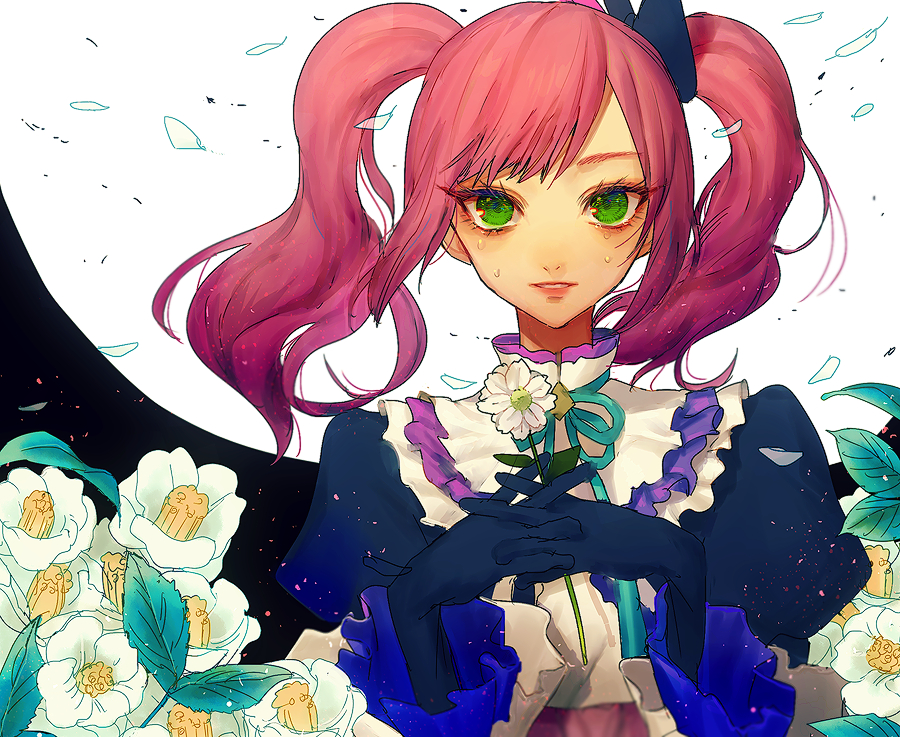 1girl, anago_(tokyo_retro_gokko), black_dress, black_gloves, dress, flower, gloves, green_eyes, holding, holding_flower, hosokawa_gracia_(sengoku_musou), juliet_sleeves, light_smile, long_sleeves, looking_at_viewer, parted_lips, petals, pink_hair, portrait, puffy_sleeves, sengoku_musou, short_twintails, solo, tears, twintails