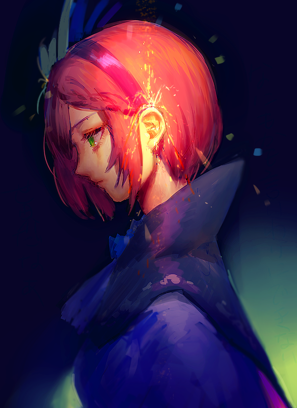 1girl, anago_(tokyo_retro_gokko), blue_background, braid, cape, expressionless, from_side, green_eyes, headband, hosokawa_gracia_(sengoku_musou), pink_hair, sengoku_musou, short_hair, simple_background, single_braid, solo