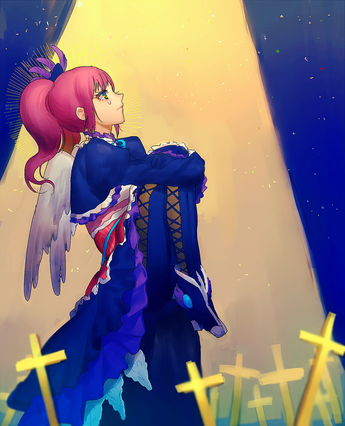 1girl, anago_(tokyo_retro_gokko), blue_dress, blue_gloves, cross, dress, gloves, green_eyes