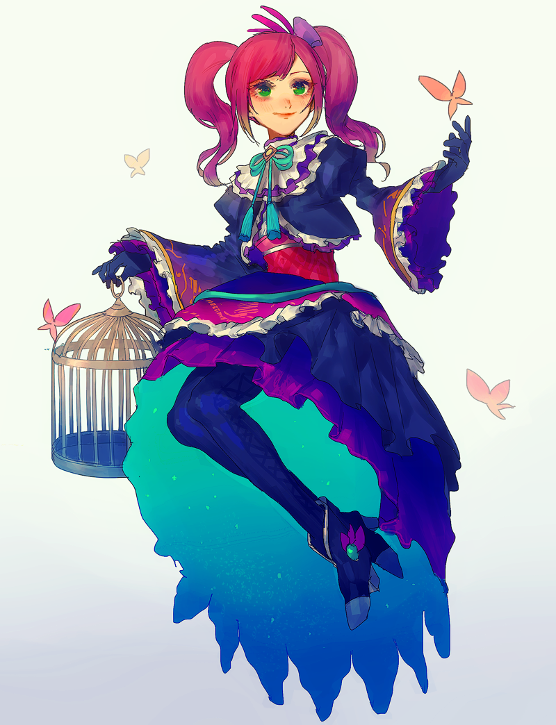 1girl, anago_(tokyo_retro_gokko), birdcage, black_footwear, black_pantyhose, blush, bug, butterfly, cage, dress, full_body, gradient_background, green_eyes, hair_ornament, holding, holding_cage, hosokawa_gracia_(sengoku_musou), long_sleeves, pantyhose, pink_hair, sengoku_musou, short_twintails, simple_background, smile, twintails, white_background, wide_sleeves