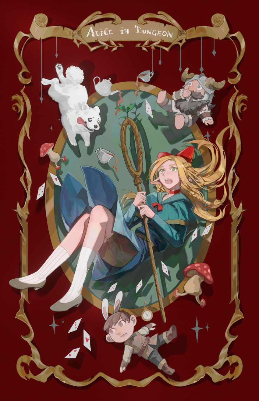 1girl, 2boys, absurdres, alice_in_wonderland, ambrosia_(dungeon_meshi), awkwardtomato, black_footwear, black_shorts