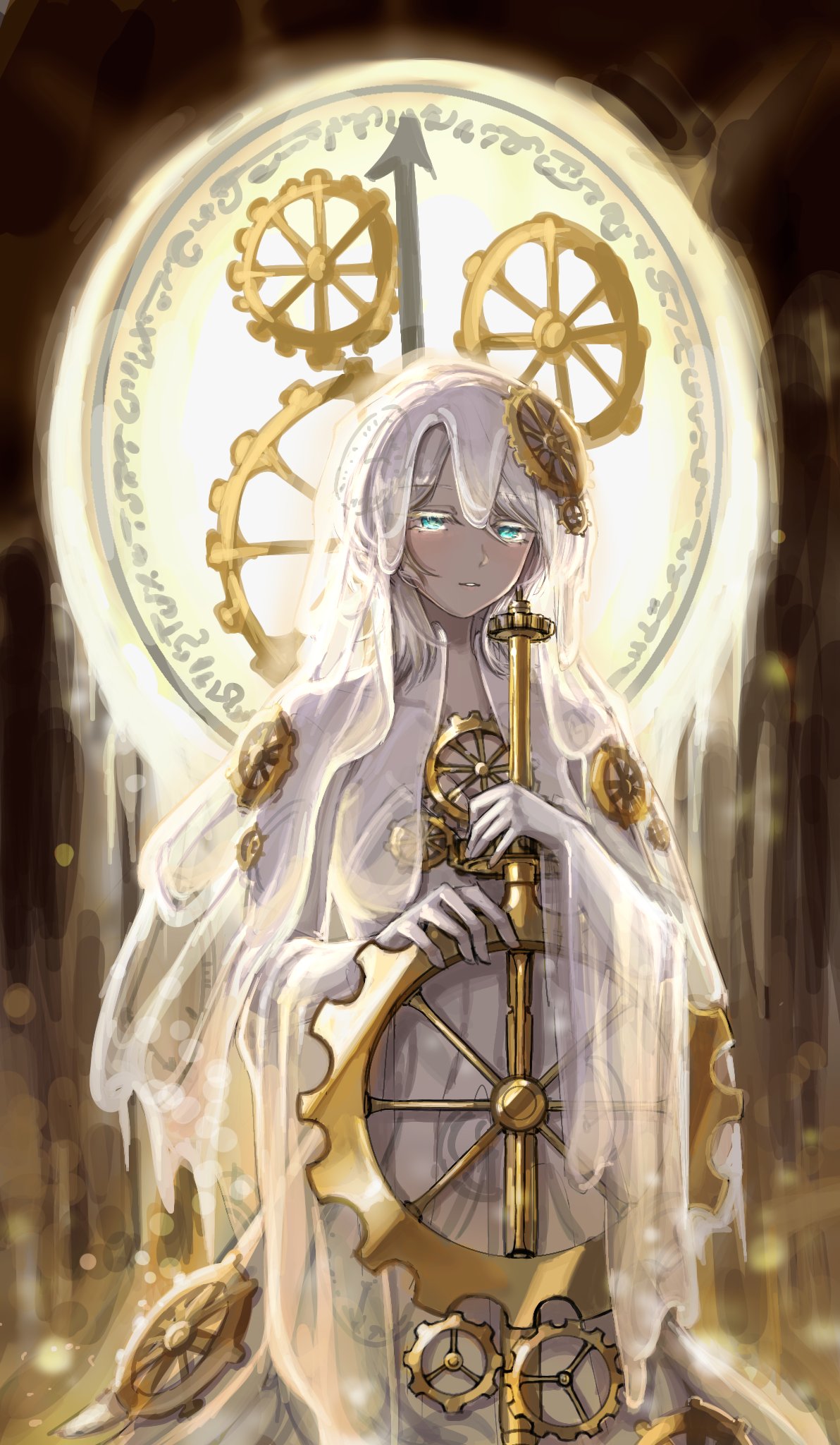 1girl, blue_eyes, clock_hair_ornament, dress, e.g.o_(project_moon), elbow_gloves, everlasting_(e.g.o), everlasting_faust_(project_moon)