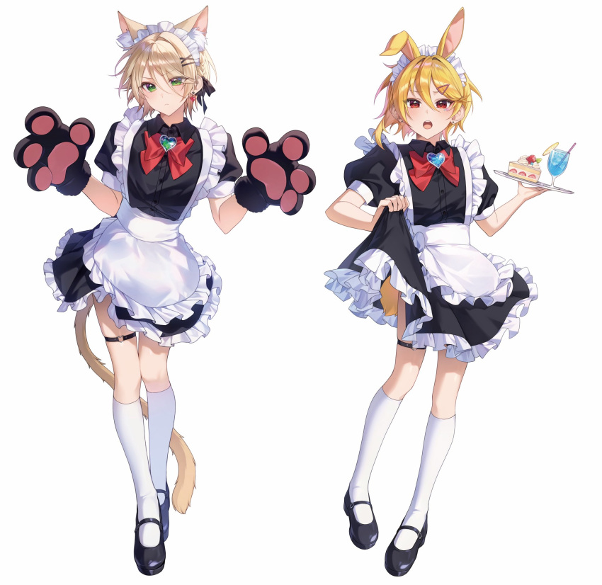 2boys, :o, alternate_costume, animal_ears, animal_hands, apron, black_dress, black_footwear