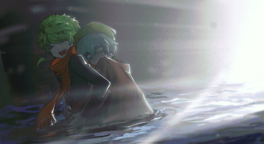 2boys, aqua_eyes, aqua_hair, black_jacket, brown_jacket, gongbbang, green_hair, green_hat