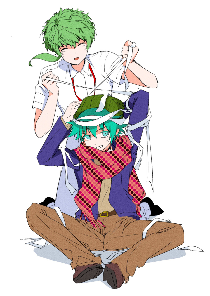 2boys, absurdres, aqua_eyes, aqua_hair, arms_up, beanie, brown_pants, gongbbang