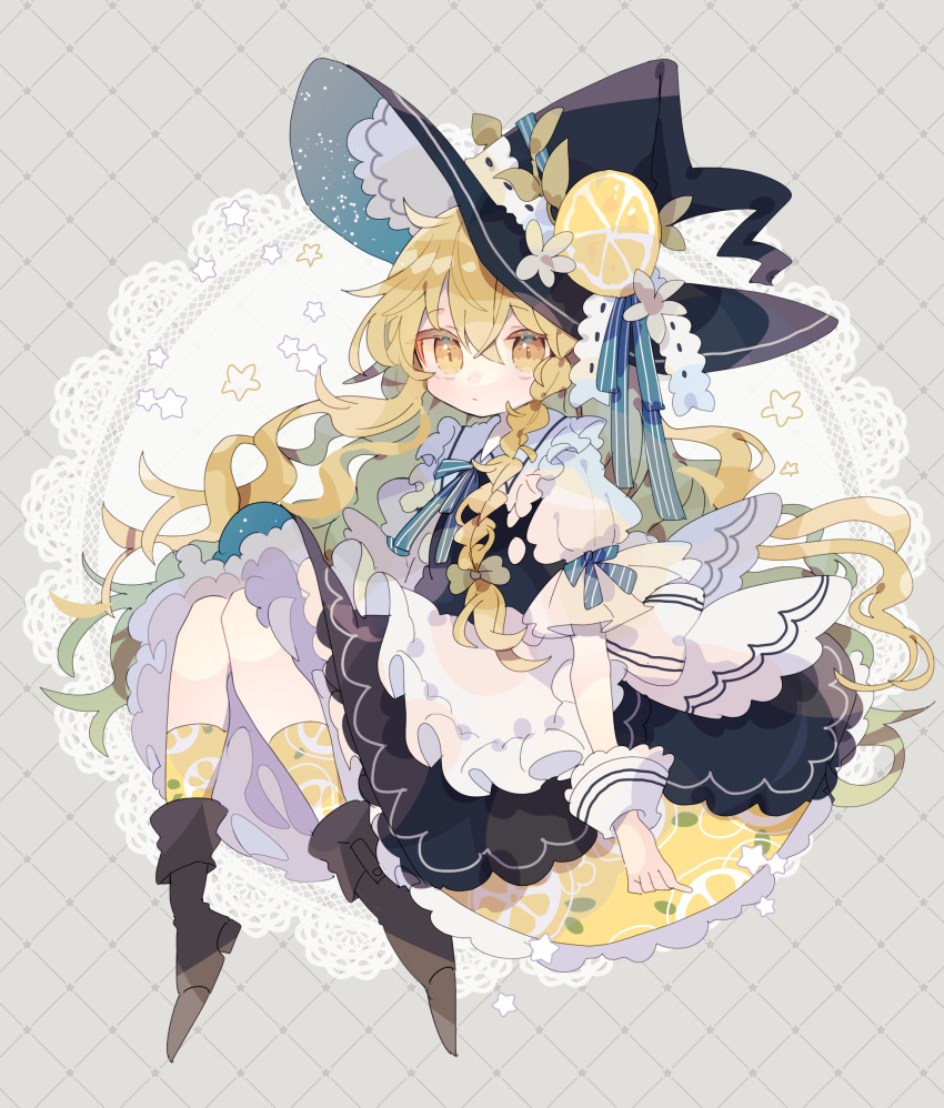 1girl, absurdres, black_hat, black_skirt, black_vest, blonde_hair, boots, braid, brown_footwear, closed_mouth, collared_shirt, doily, frilled_shirt_collar, frills, fruit_hat_ornament, hair_between_eyes, hat, hat_ornament, highres, kirisame_marisa, lemon_hat_ornament, long_hair, looking_at_viewer, nikorashi-ka, shirt, short_sleeves, single_braid, skirt, socks, solo, star_(symbol), touhou, vest, white_shirt, witch_hat, wrist_cuffs, yellow_eyes, yellow_socks