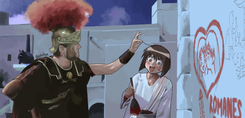 1boy, 1girl, armor, azumanga_daioh, blush, character_request, english_commentary, graffiti