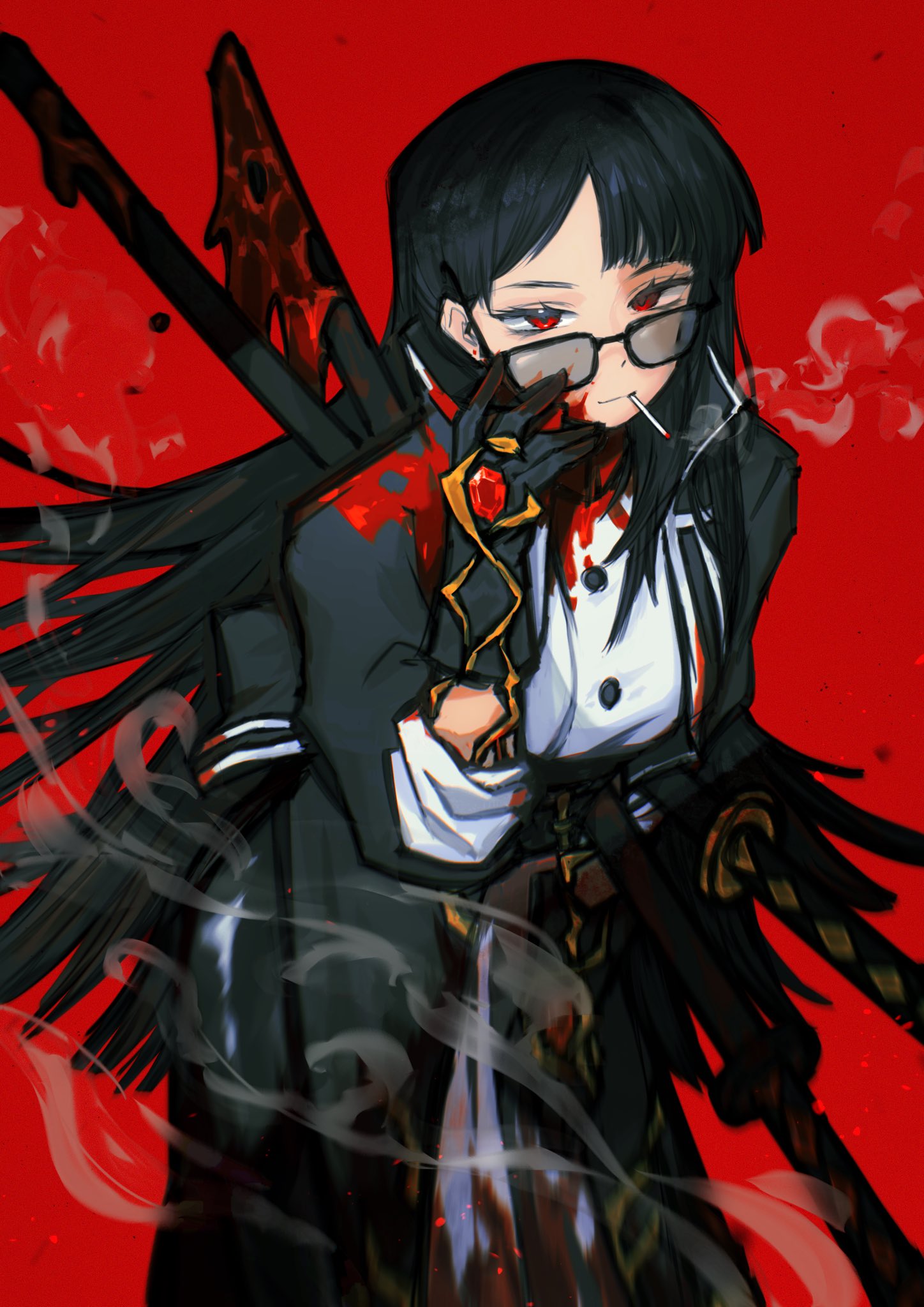 1girl, black_coat, black_gloves, black_hair, black_skirt, blood, blood_on_weapon, buttons, cigarette, coat, contempt_awe_(e.g.o), cowboy_shot, e.g.o_(project_moon), gem, glasses, gloves, hand_up, highres, katana, limbus_company, long_hair, long_skirt, looking_at_viewer, ootachi, project_moon, red_background, red_eyes, red_gemstone, ryoshu_(project_moon), shan23852196, sheath, shirt, simple_background, skirt, smoke, smoking, solo, sunglasses, sword, very_long_hair, weapon, white_shirt