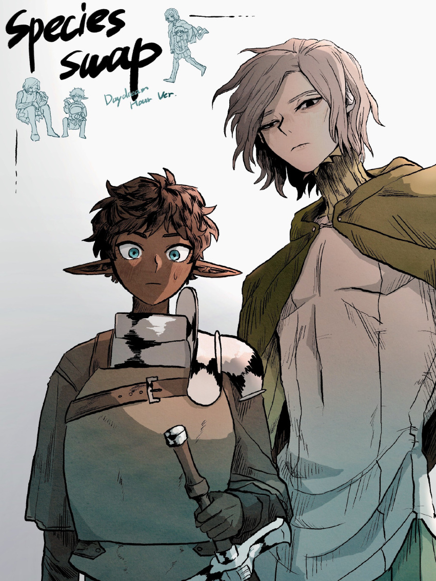 2boys, absurdres, alternate_species, armor, bags_under_eyes, black_eyes, black_hair, blue_eyes