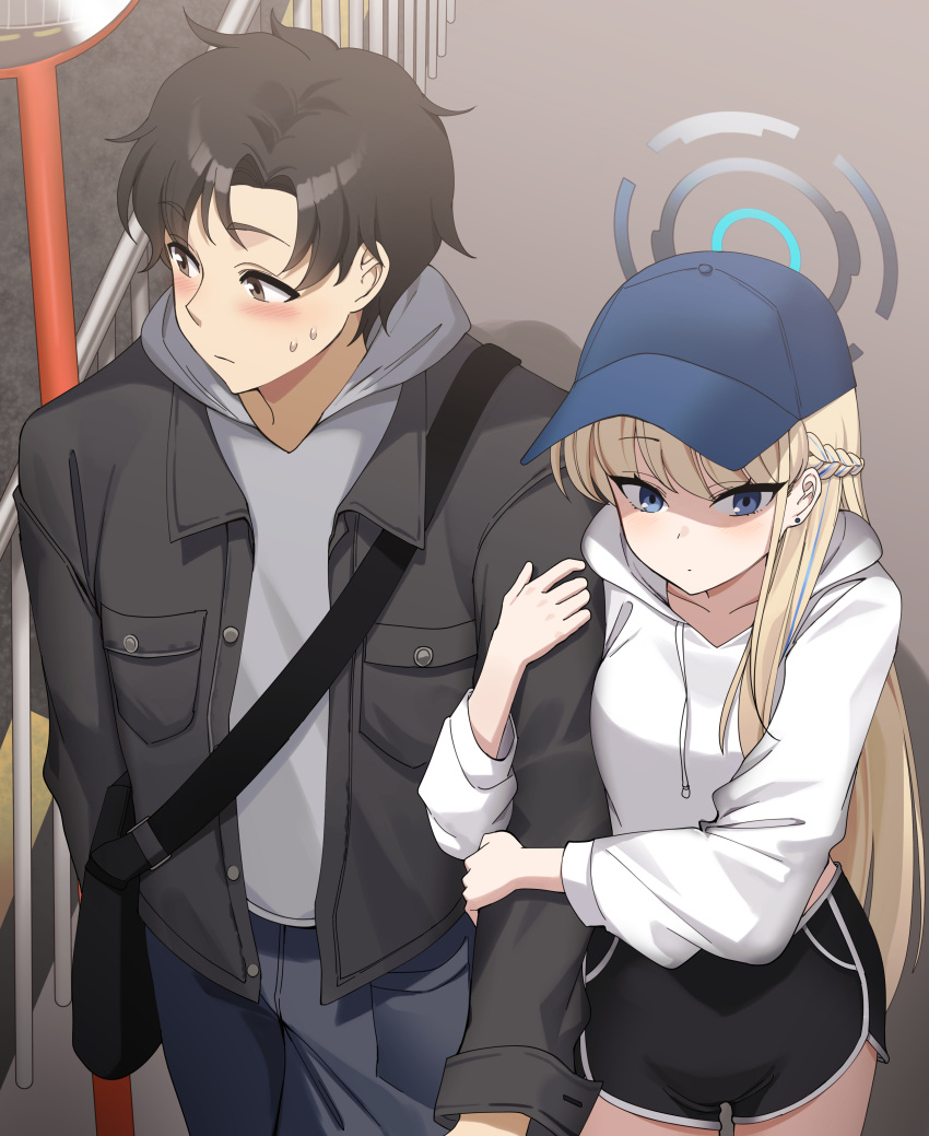 1boy, 1girl, absurdres, alternate_costume, black_hair, black_jacket, black_pants, black_shorts