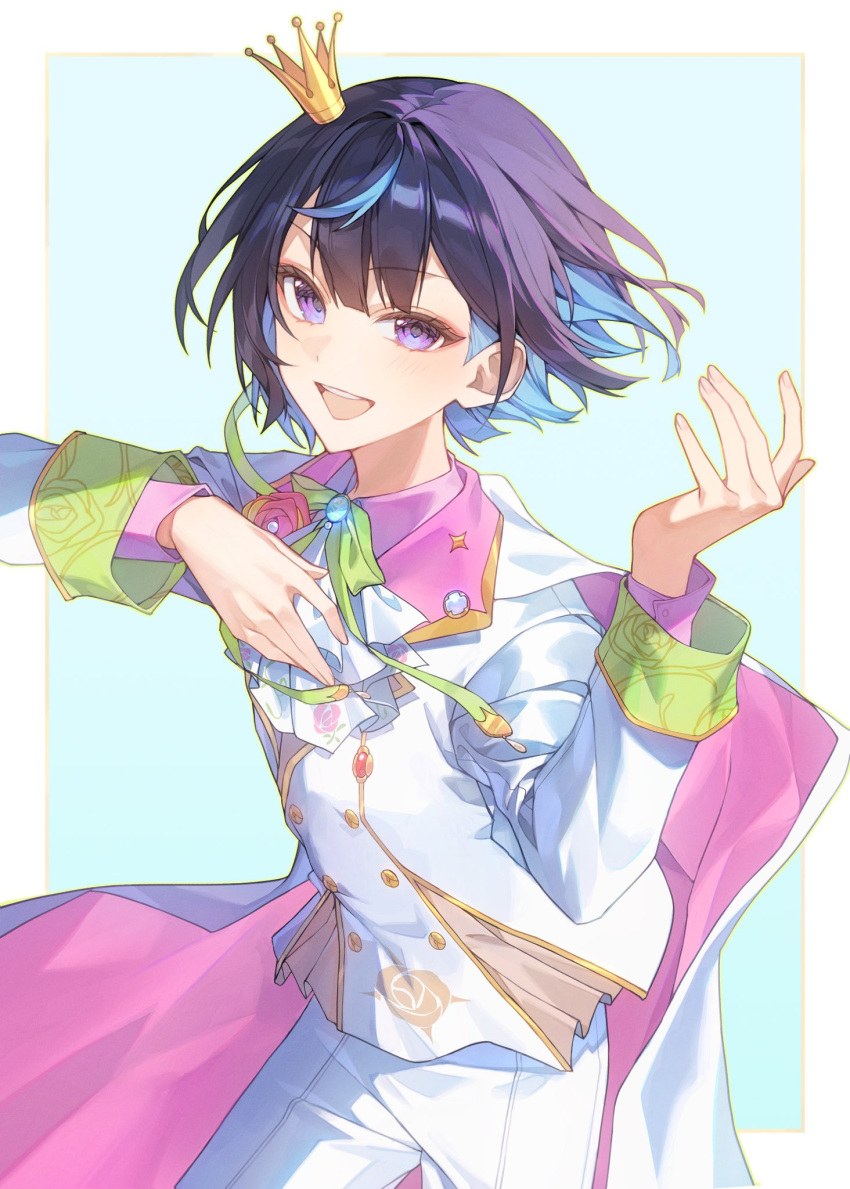1boy, :d, ascot, bishounen, blue_background, border, buttons, cape
