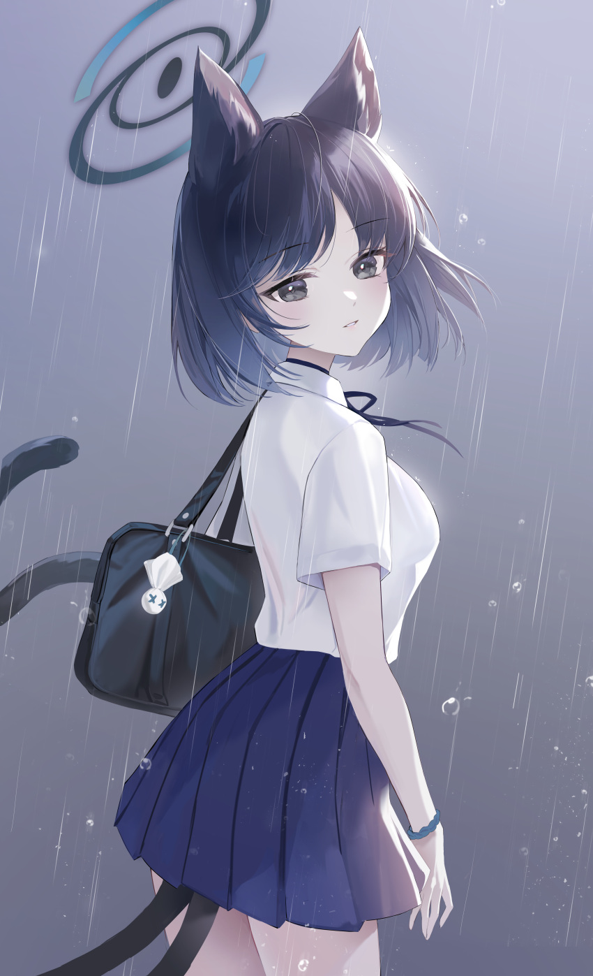 1girl, absurdres, animal_ears, bag, black_eyes, black_hair, blue_archive, blue_halo