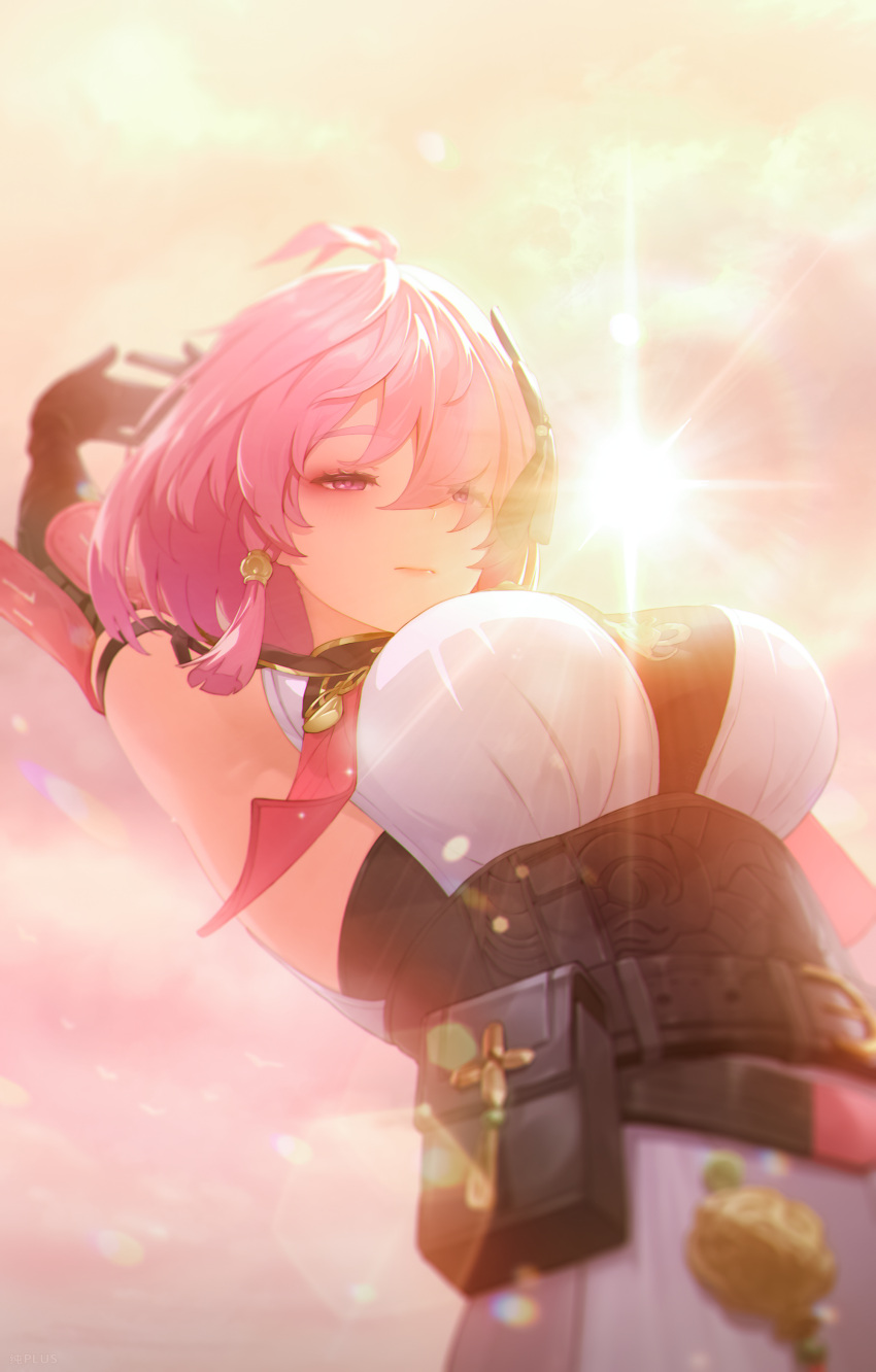 1girl, absurdres, antenna_hair, arms_up, belt, belt_pouch, blurry, breasts