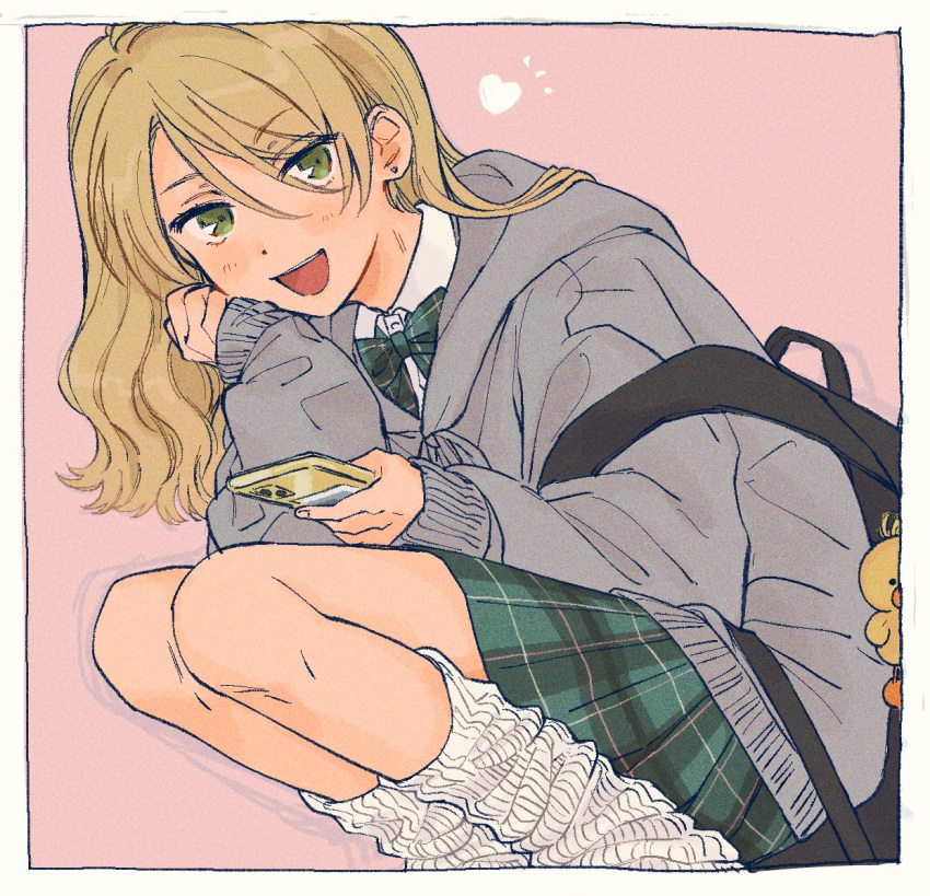 1girl, :d, alternate_costume, alternate_hair_length, alternate_hairstyle, backpack, bag, baggy_clothes, black_bag, blonde_hair, border, clenched_hand, dochizame-chan_(araburumochi), dot_nose, elbow_on_thigh, ensemble_stars!, feet_out_of_frame, film_grain, genderswap, genderswap_(mtf), green_skirt, grey_hoodie, hair_between_eyes, hand_on_own_cheek, hand_on_own_face, head_rest, holding, holding_phone, hood, hood_down, hoodie, leg_warmers, long_hair, looking_at_viewer, oversized_clothes, phone, pink_background, plaid_clothes, plaid_skirt, shiratori_aira_(ensemble_stars!), shirt, skirt, sleeves_past_wrists, smile, squatting, vertical-striped_leg_warmers, wavy_hair, white_border, white_leg_warmers, white_shirt, wing_collar
