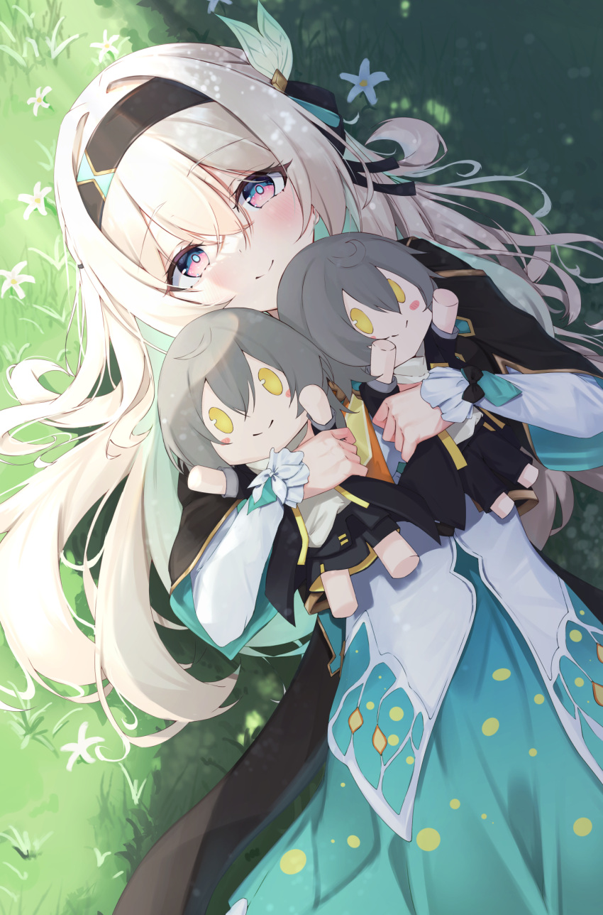 1girl, aki_tsune, black_hairband, black_jacket, blue_eyes, blush, caelus_(honkai:_star_rail), character_doll