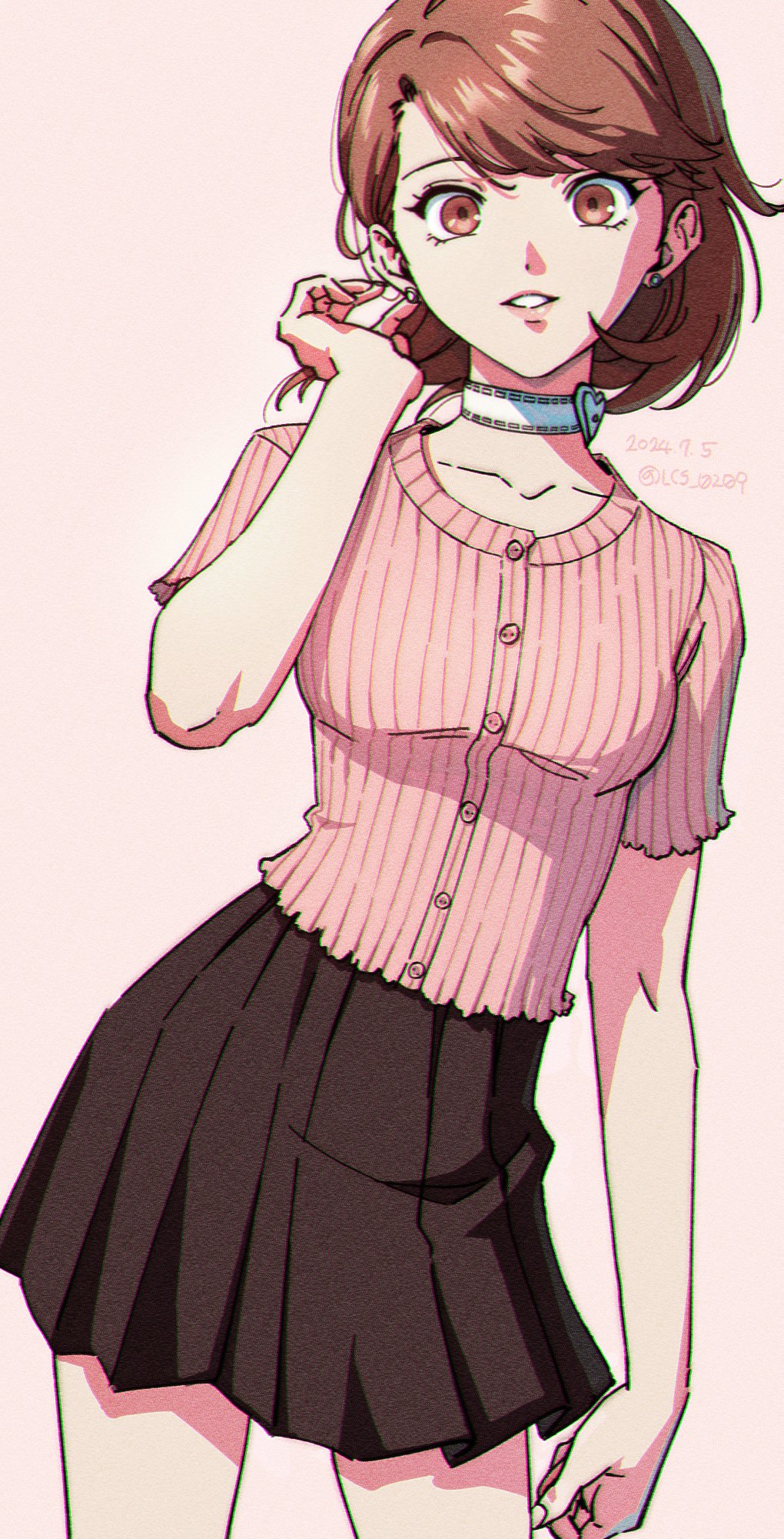 1girl, alternate_costume, bare_arms, black_skirt, brown_eyes, brown_hair, buttons, cardigan