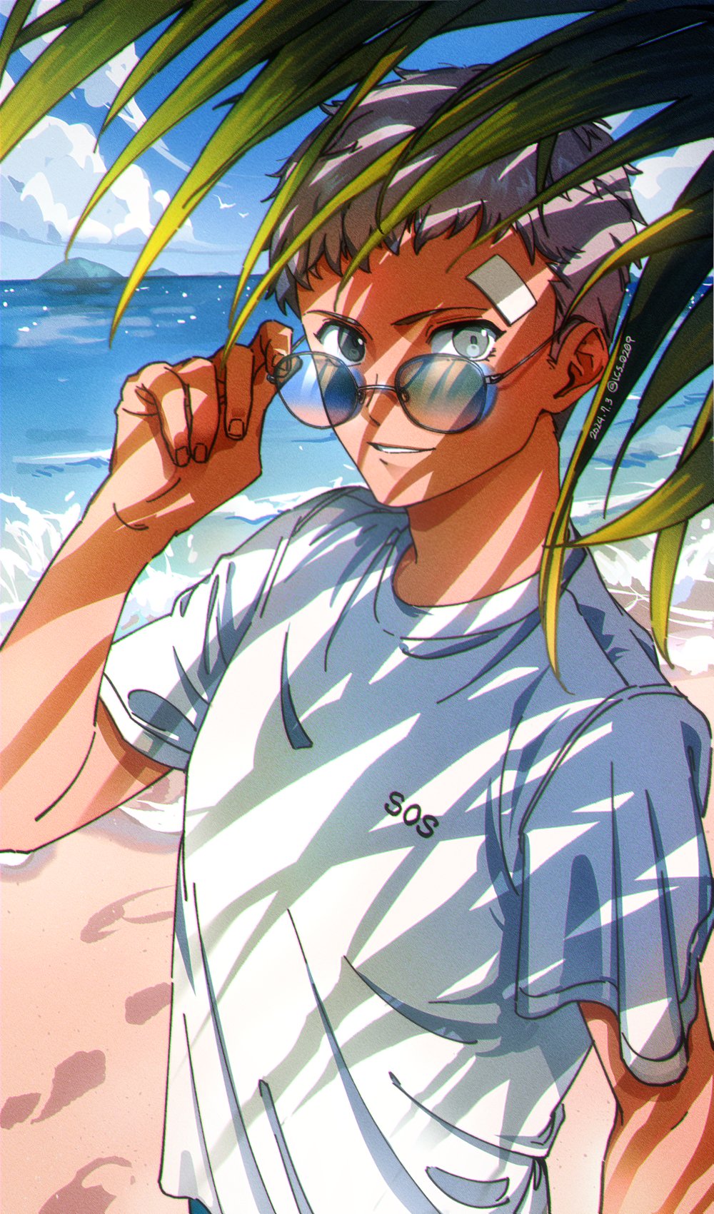 1boy, bandages, bandaid, bandaid_on_face, bandaid_on_forehead, beach, bird, clouds