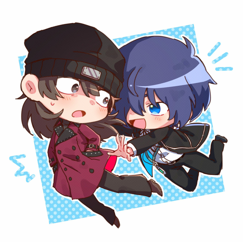 2boys, aragaki_shinjirou, beanie, black_jacket, black_pants, blue_eyes, blue_hair, blush