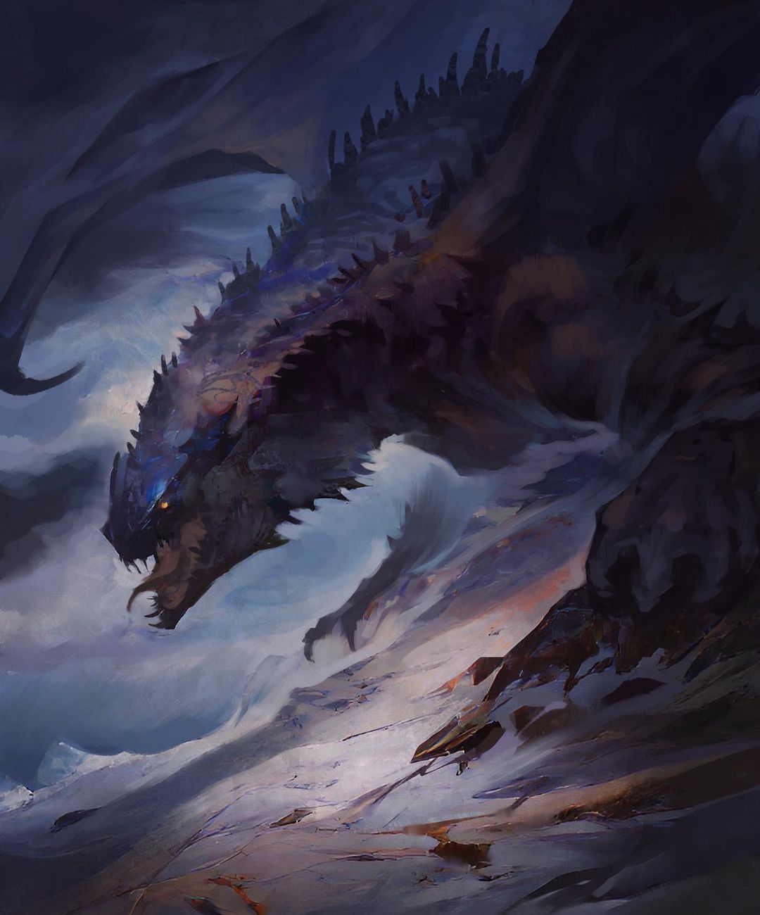 animal_focus, claws, clouds, cloudy_sky, commentary, dragon, english_commentary, from_side
