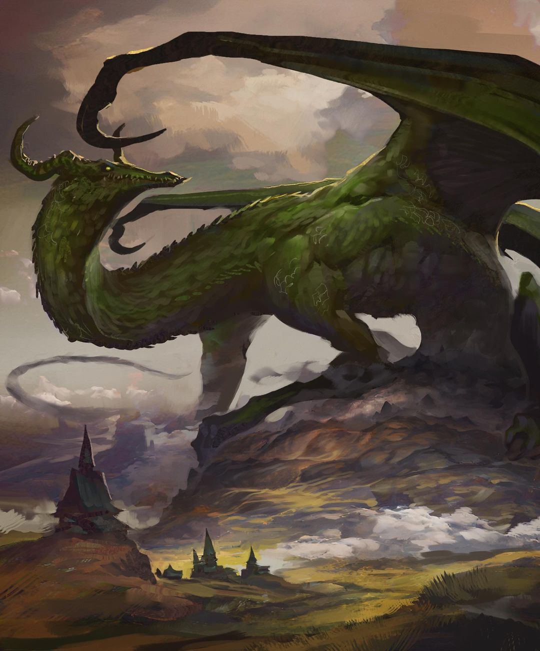 animal_focus, building, clouds, cloudy_sky, commentary, day, dragon, english_commentary