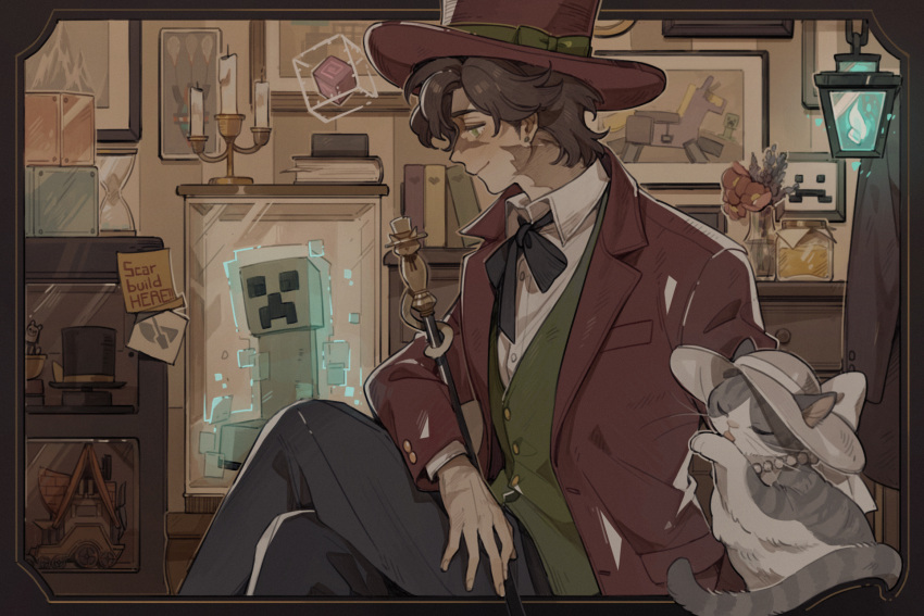 1boy, animal, black_pants, block_(minecraft), book, brown_hair, candle, cane