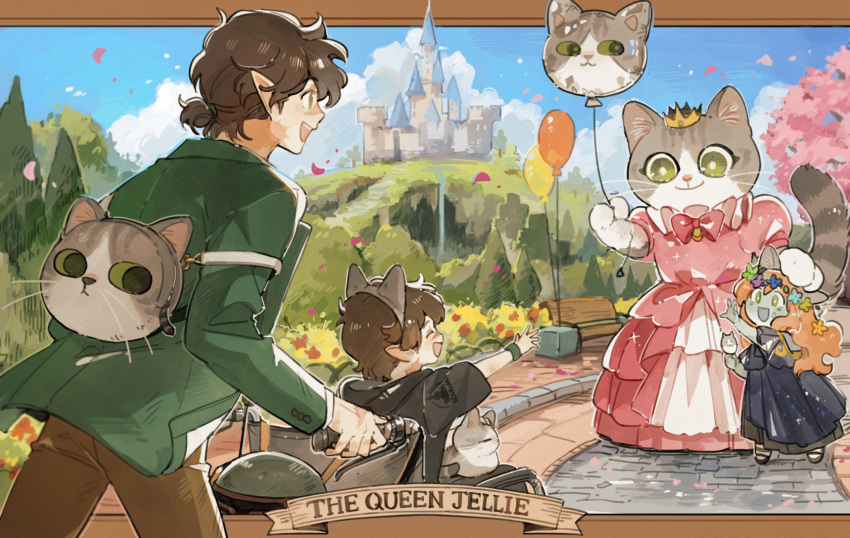 2boys, 2girls, aged_down, backpack, bag, balloon, castle, cat