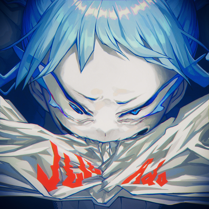 1girl, absurdres, ado_(utaite), album_cover, blue_eyes, blue_hair, chromatic_aberration, cover