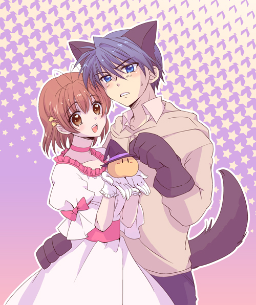 antenna_hair, blue_eyes, blue_hair, blush, brown_eyes, brown_hair, clannad, costume