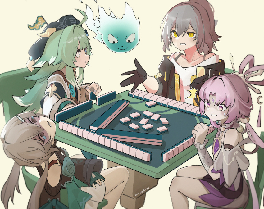 1other, 4girls, ^^^, absurdres, ahoge, animal_ears, archery_shooting_glove, artist_name, bare_shoulders, black_gloves, black_jacket, bow-shaped_hair, breasts, brown_hair, chair, closed_mouth, clothing_cutout, collarbone, crescent, crescent_hair_ornament, defeat, detached_sleeves, dress, familiar, flag, forehead_jewel, fu_xuan_(honkai:_star_rail), gloves, green_dress, green_eyes, green_hair, grey_hair, hair_between_eyes, hair_ornament, hair_rings, hair_stick, hairclip, hat, highres, holding, holding_mahjong_tile, honkai:_star_rail, honkai_(series), huohuo_(honkai:_star_rail), jacket, jewelry, long_hair, long_sleeves, looking_at_another, looking_up, low_twintails, lower_teeth_only, mahjong, mahjong_table, mahjong_tile, medium_hair, multiple_girls, on_chair, open_mouth, parted_bangs, partially_fingerless_gloves, pascaldinger, pink_hair, qingque_(honkai:_star_rail), shirt, shoulder_cutout, simple_background, sleeve_rolled_up, smile, stelle_(honkai:_star_rail), surprised, sweatdrop, table, tail_(honkai:_star_rail), tearing_up, teeth, thighs, trailblazer_(honkai:_star_rail), twintails, twitter_username, two-tone_eyes, white_background, white_shirt, wide-eyed, yellow_eyes, yellow_trim