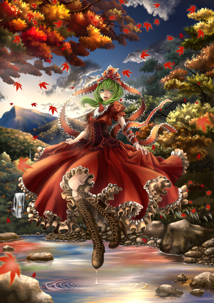 autumn, autumn_leaves, boots, bow, corset, cross-laced_footwear, dress, floating