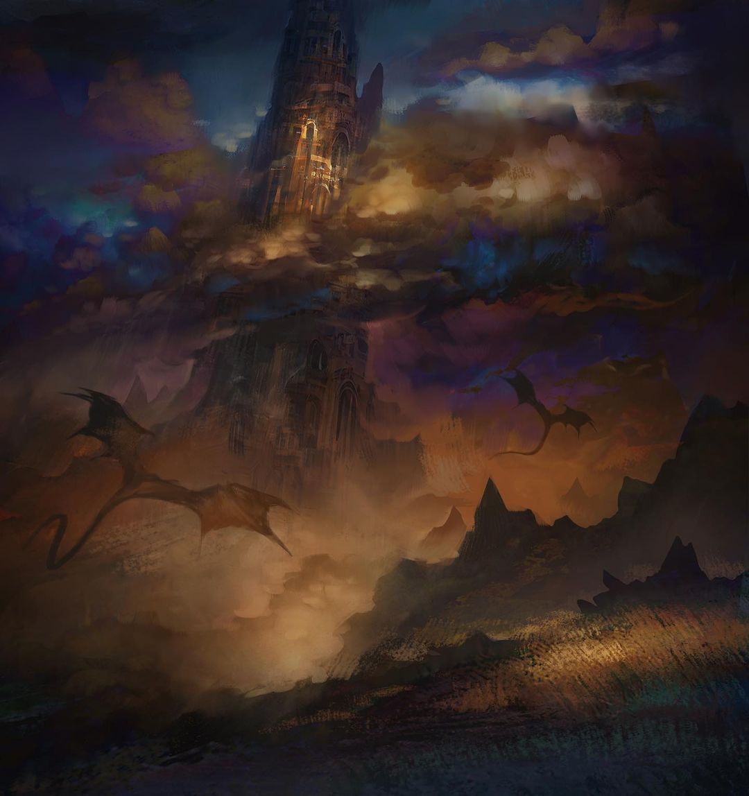 building, clouds, cloudy_sky, commentary, dragon, english_commentary, fantasy, flying