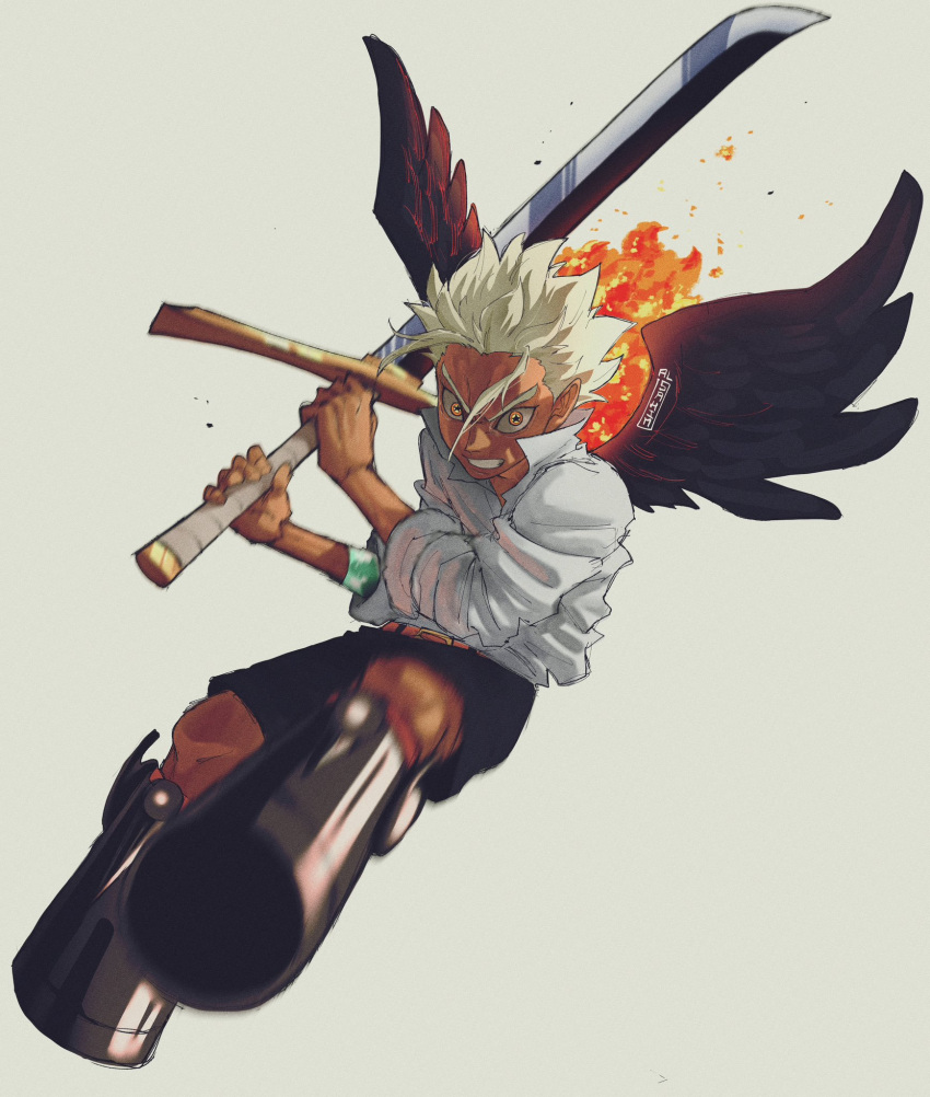 1boy, al_sahim, black_footwear, black_wings, blood, boots, dark_skin, feathered_wings