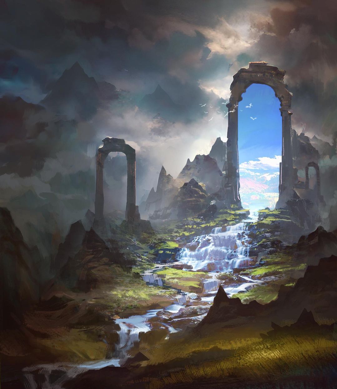 blue_sky, clouds, commentary, day, english_commentary, fantasy, gate, grass, highres, landscape, mountain, no_humans, original, outdoors, overcast, painterly, portal_(object), ryan_bittner, scenery, simple_bird, sky, stream, water